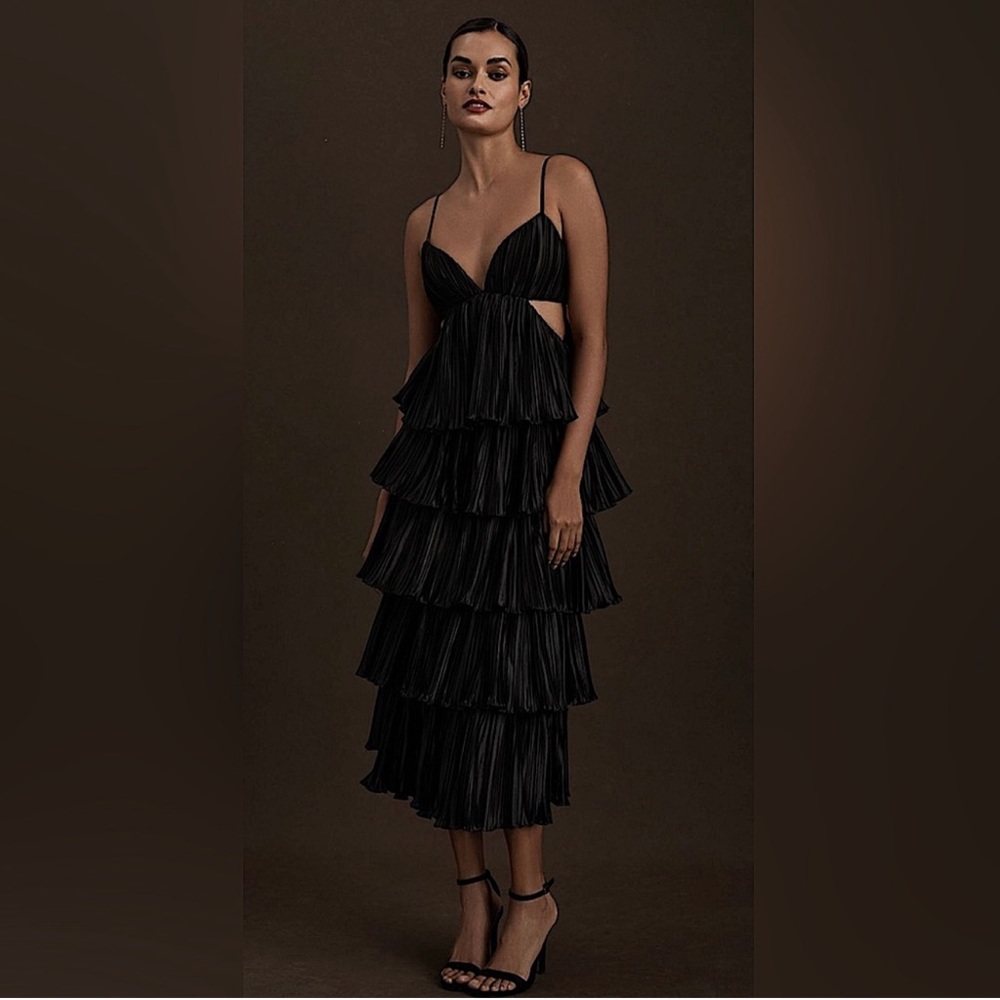 BHLDN by Carly Cushnie Brenna Tiered Pleated V-Neck Cutout Black Midi Dress- NWT